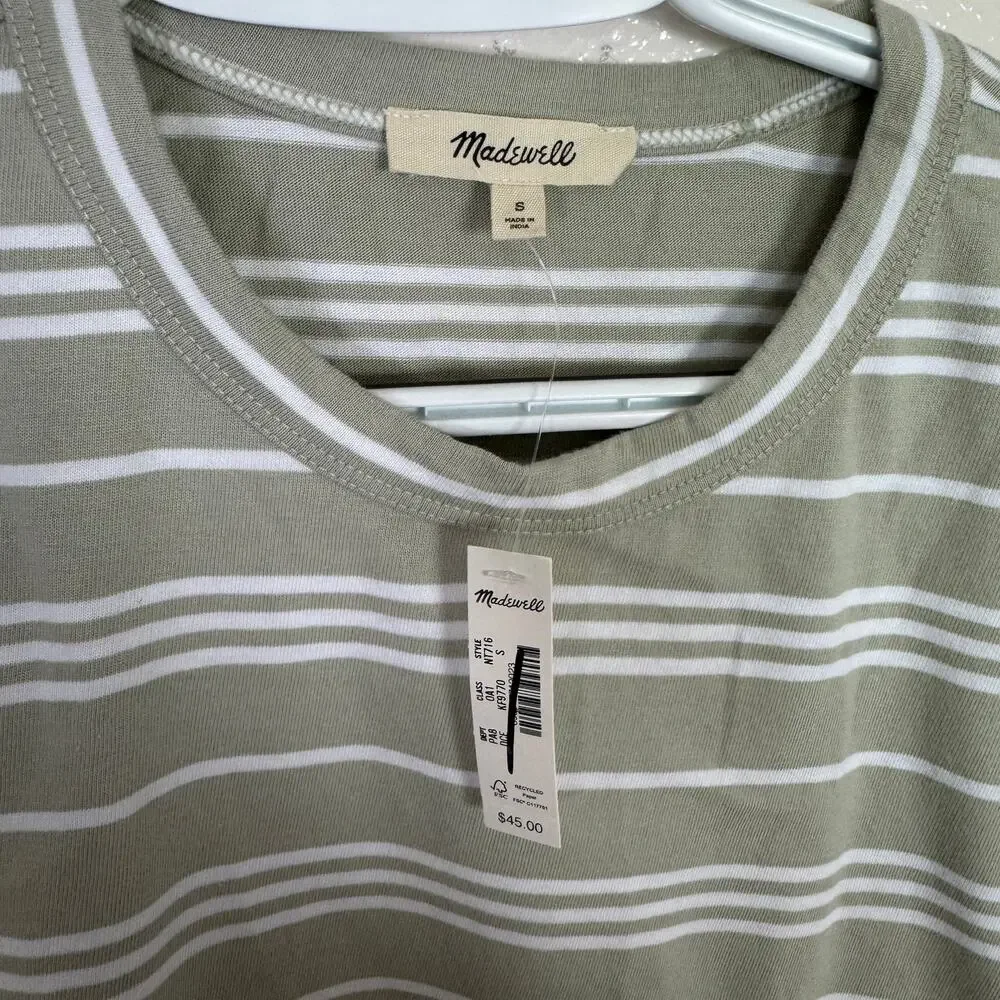 Madewell The Perfect Crewneck Cotton Tee Sz S Dusty Celadon Striped Short Sleeve